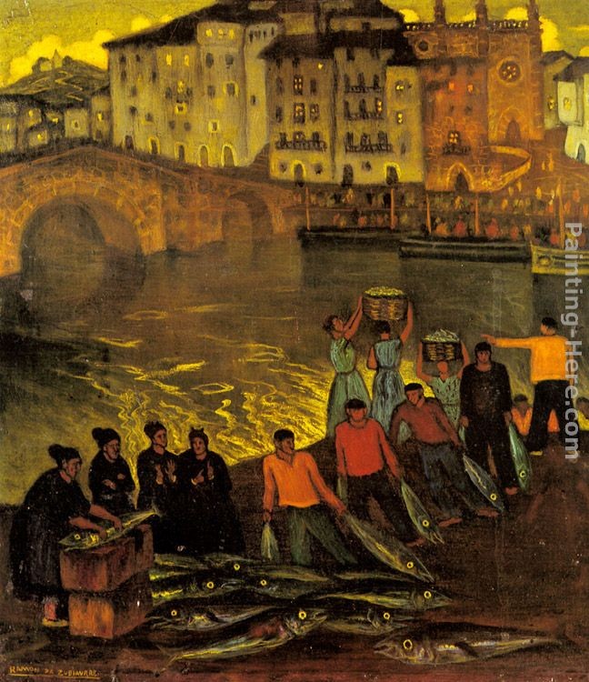 Ramon De Zubiaurre Fisherfolk In A Harbour Town